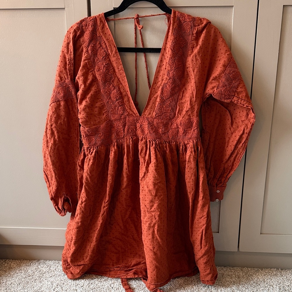 Free People Rust Orange Deep V Long Sleeve Mini Dress